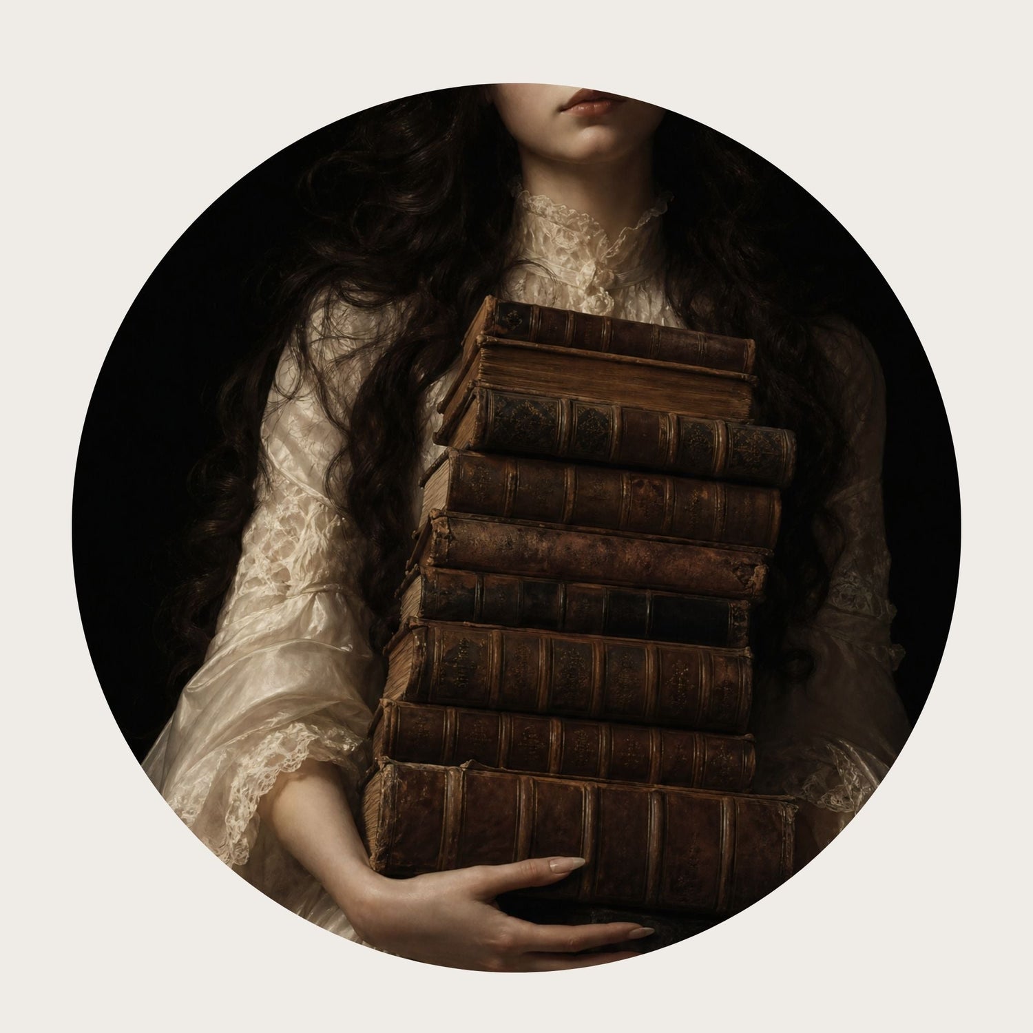 Woman in a white lace dress holding a stack of antique leather-bound books against a dark background.