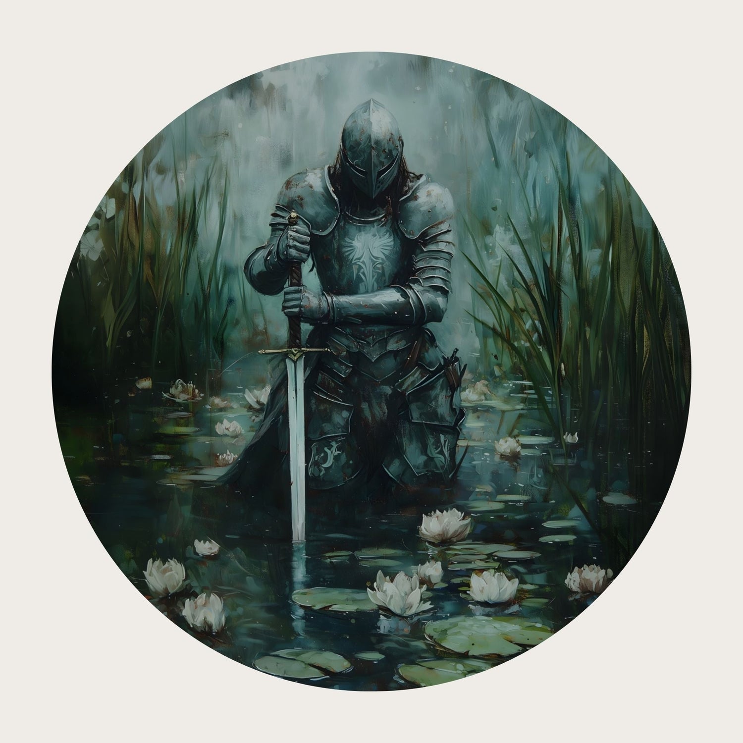 Armored knight kneeling with a sword in a misty pond filled with white water lilies.