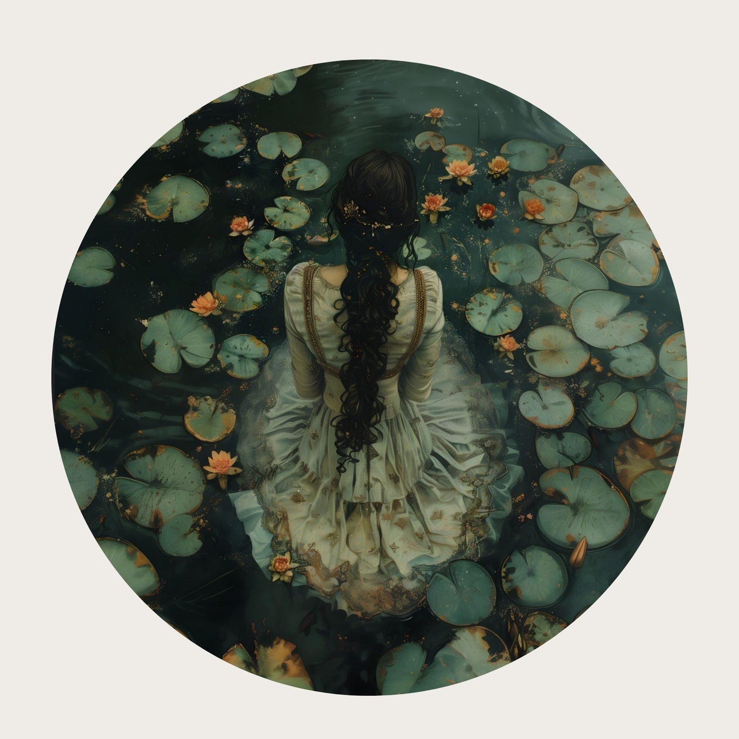 Woman in an ivory dress viewed from above, surrounded by lily pads and orange water lilies.