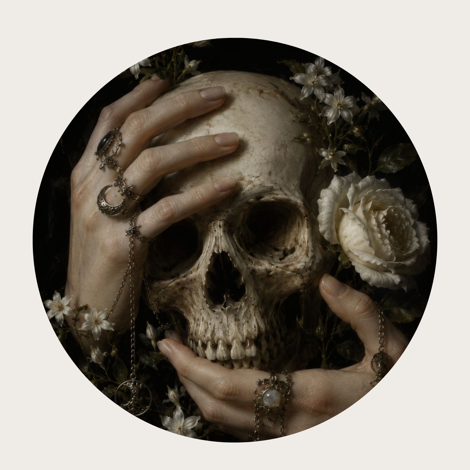 Human skull cradled by ringed hands, white roses, and delicate flowers against a black background.