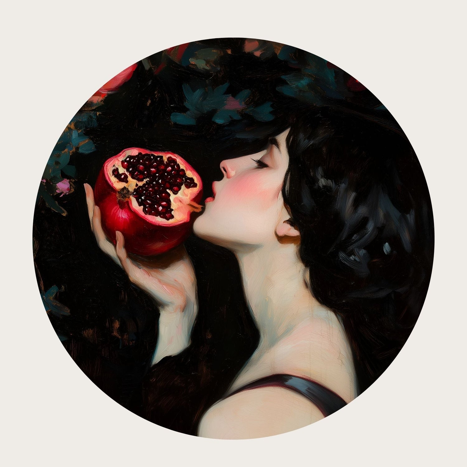 Dark-haired woman in profile holding a cut pomegranate against a dramatic black floral background.