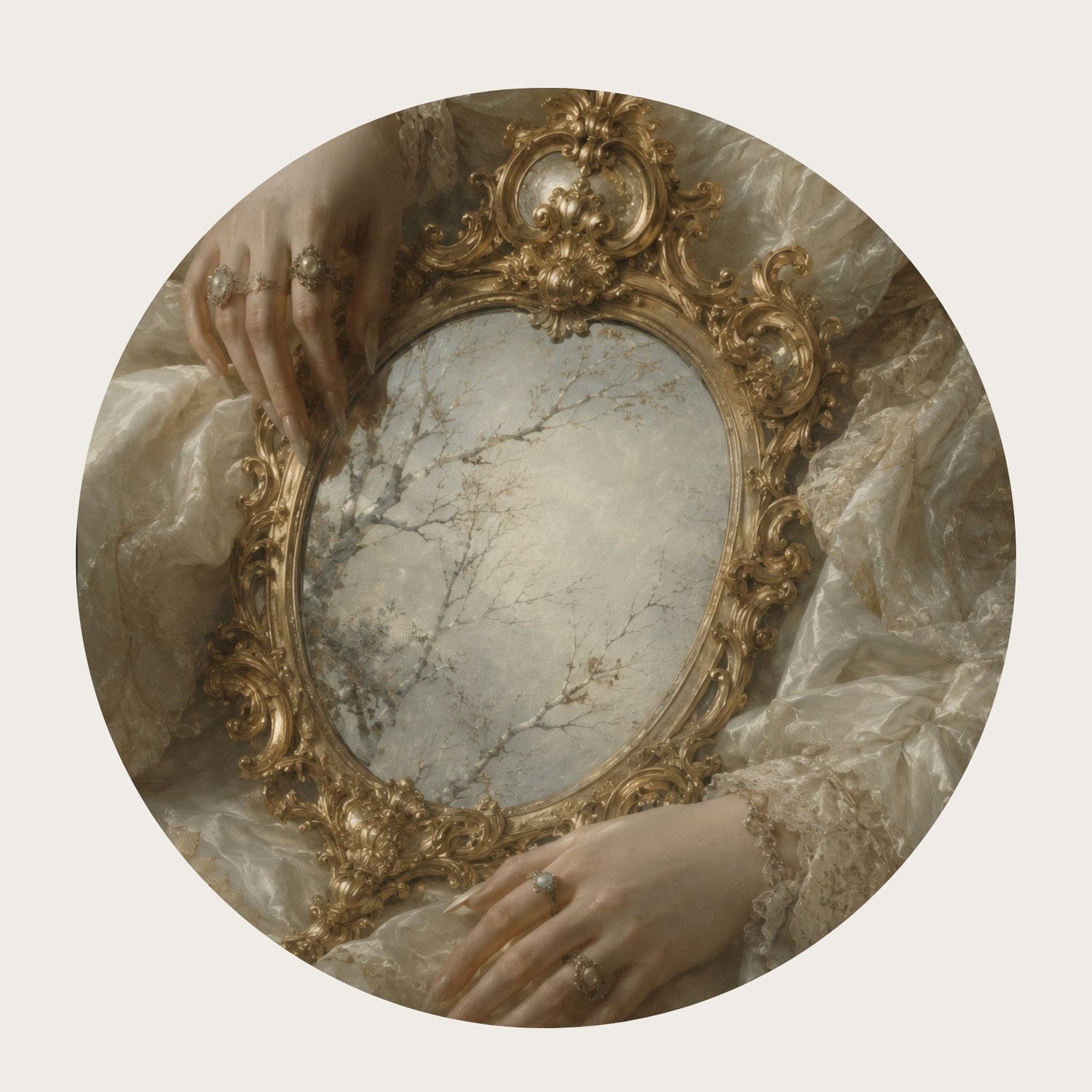 Ornate gold oval mirror surrounded by ivory lace and jeweled hands in soft vintage tones.