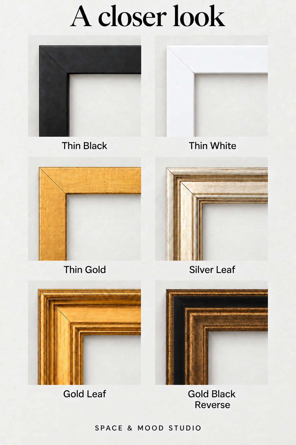 Close-up details of six frame options: Thin Black, Thin White, Thin Gold, Silver Leaf, Gold Leaf, and Gold Black Reverse.