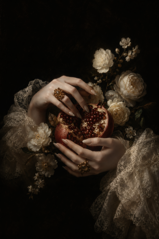 Pomegranate and White Roses
