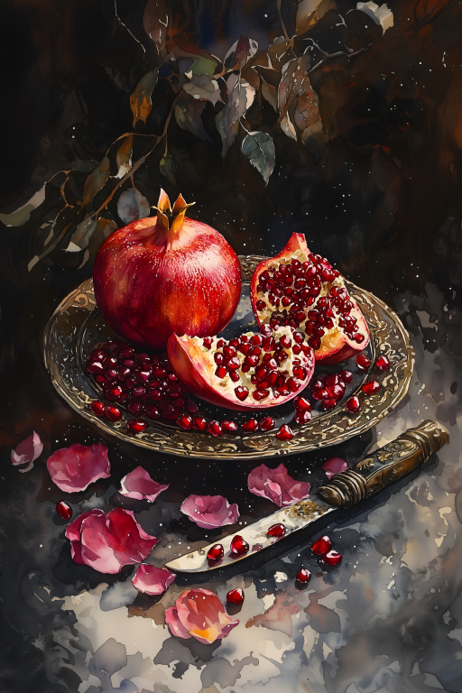 Pomegranate and Roses Still Life