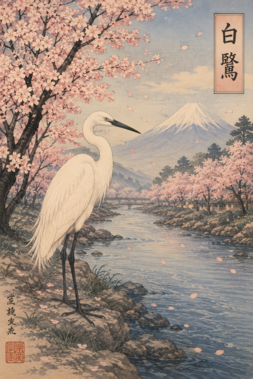 Egret Cherry Blossom
