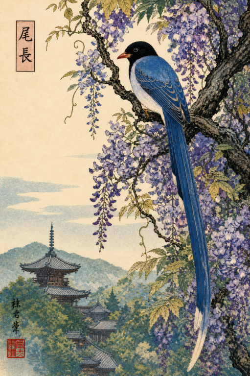 Magpie in Wisteria