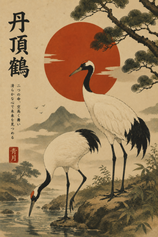 Red Crowned Cranes Sun