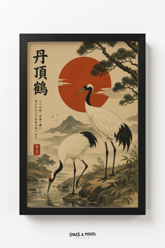 Red Crowned Cranes Sun