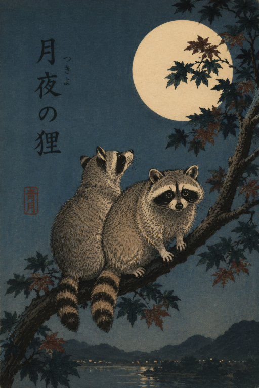 Raccoons Moonlit Tree