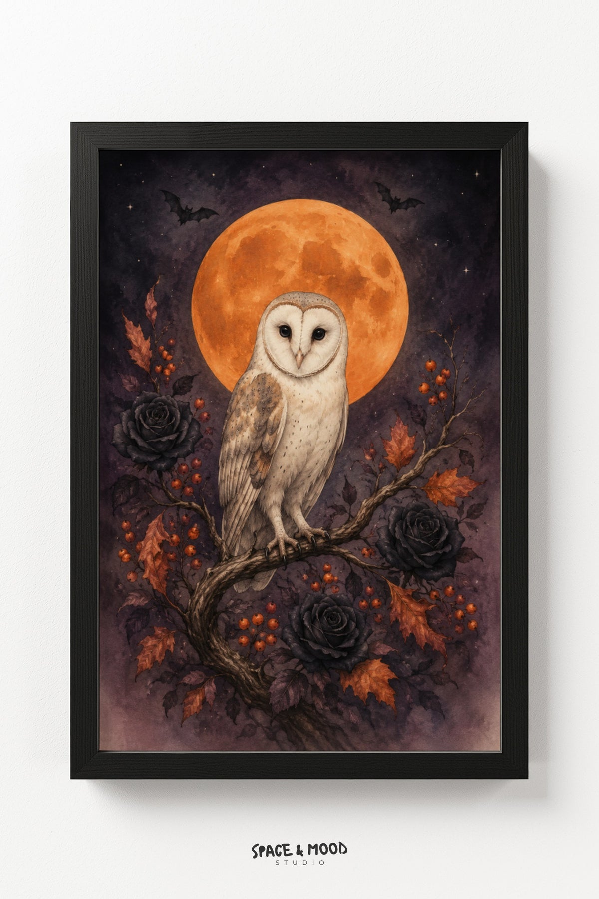 Barn Owl Roses Moon