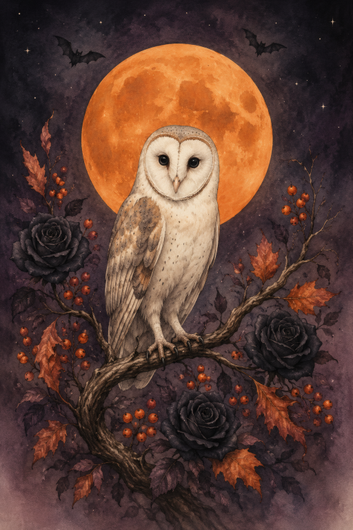 Barn Owl Roses Moon