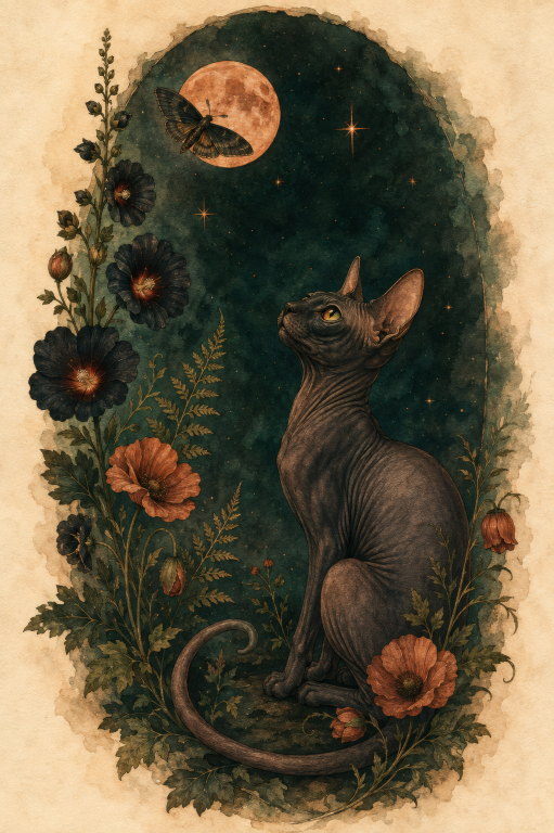 Sphynx Cat Poppies Moon