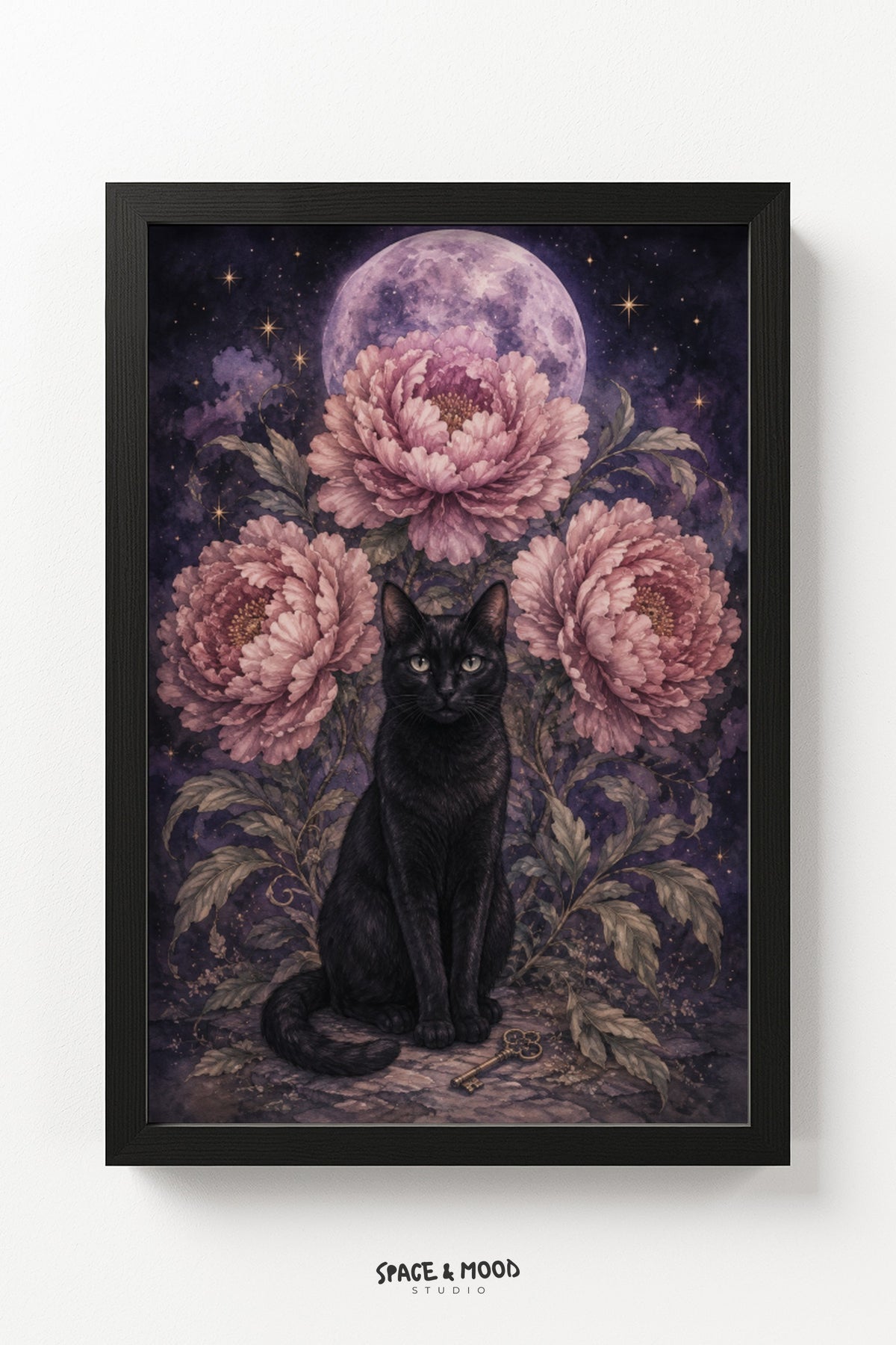 Black Cat Peonies Moon