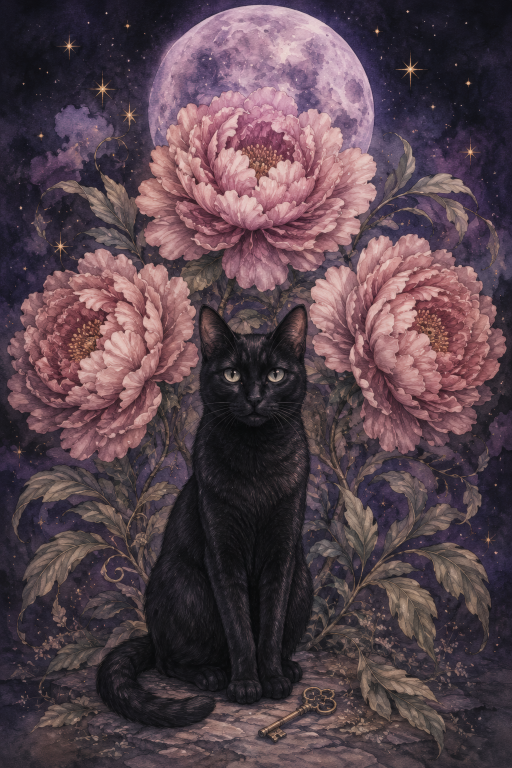 Black Cat Peonies Moon