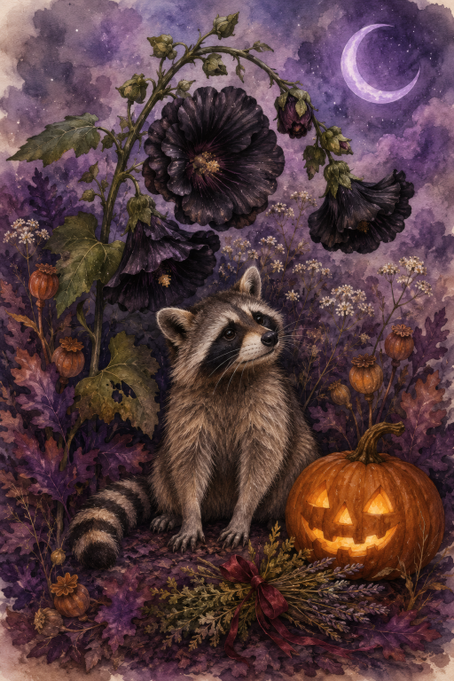 Raccoon Pumpkin Flower Moon