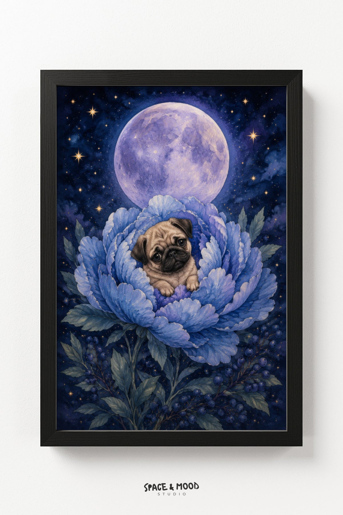 Pug Blue Peony Moon