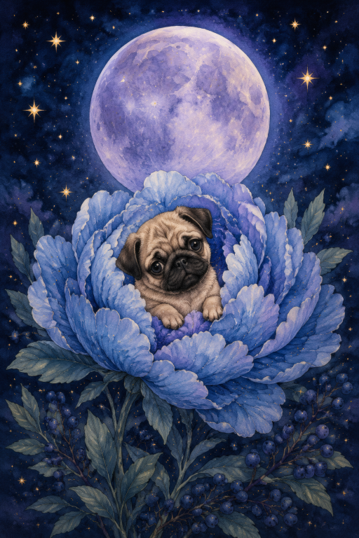 Pug Blue Peony Moon