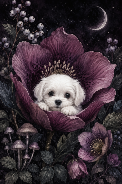 White Puppy Purple Flower