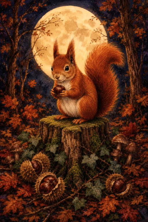 Squirrel Autumn Stump Moon