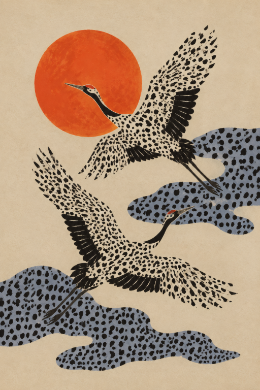 Cranes Red Sun Waves