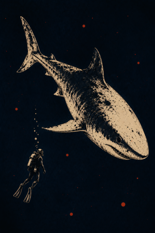 Shark Diver Vintage Etching