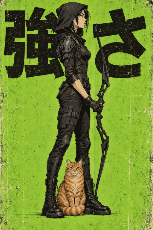Warrior Woman Green Staff Cat