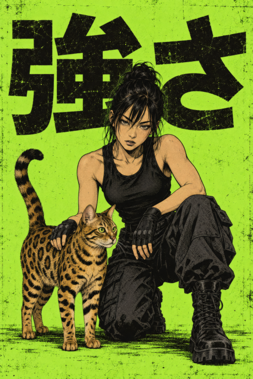 Warrior Woman Green Cat Crouch