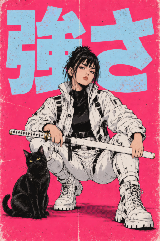 Warrior Woman White Sword Cat