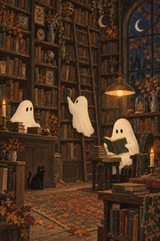 Ghosts Library Bookshelf Cozy