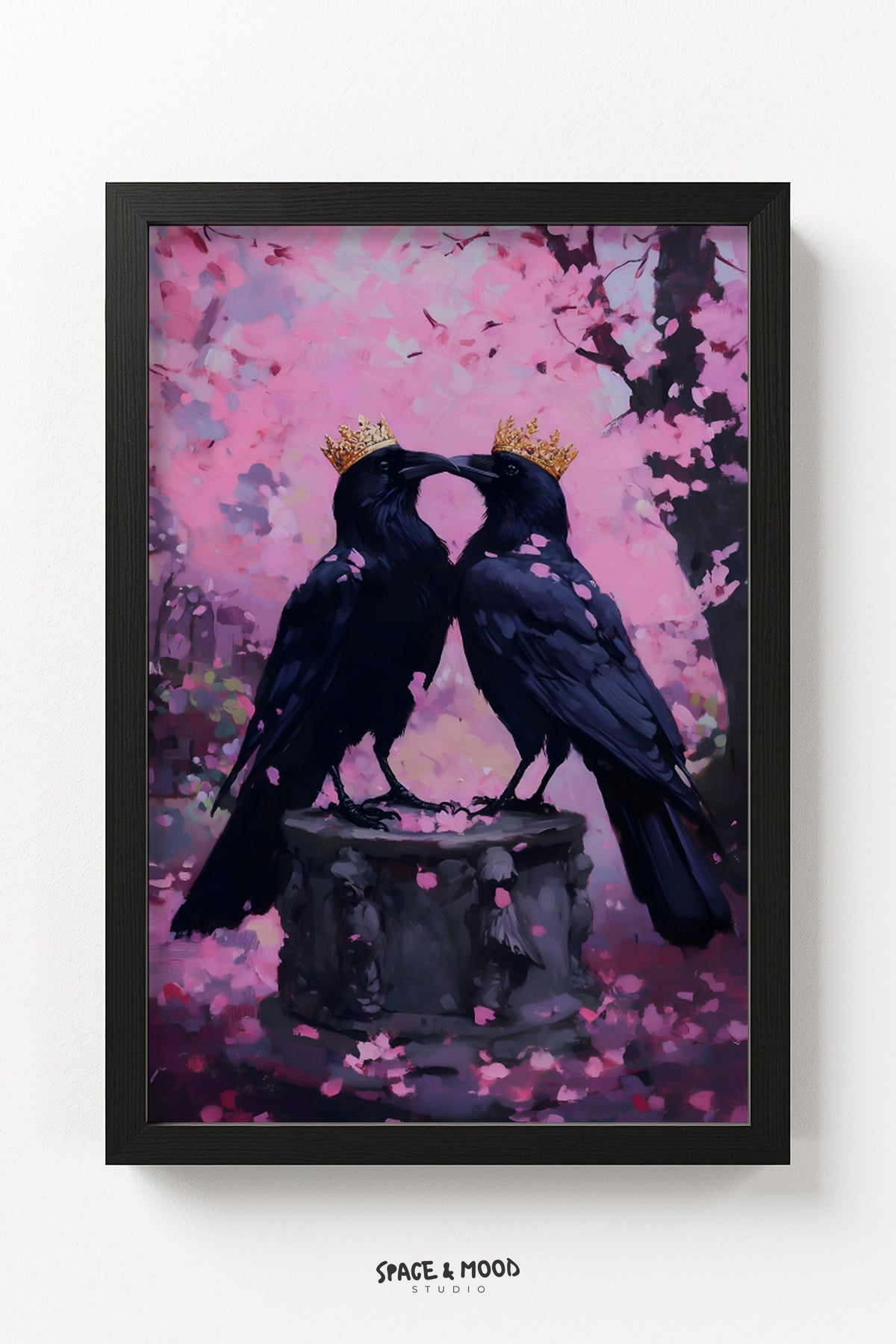 Crowned Ravens Beneath Pink Blossoms