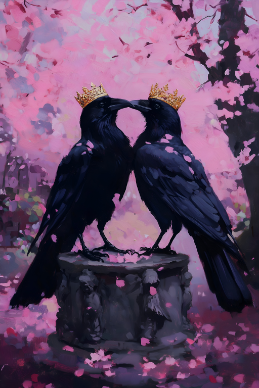 Crowned Ravens Beneath Pink Blossoms