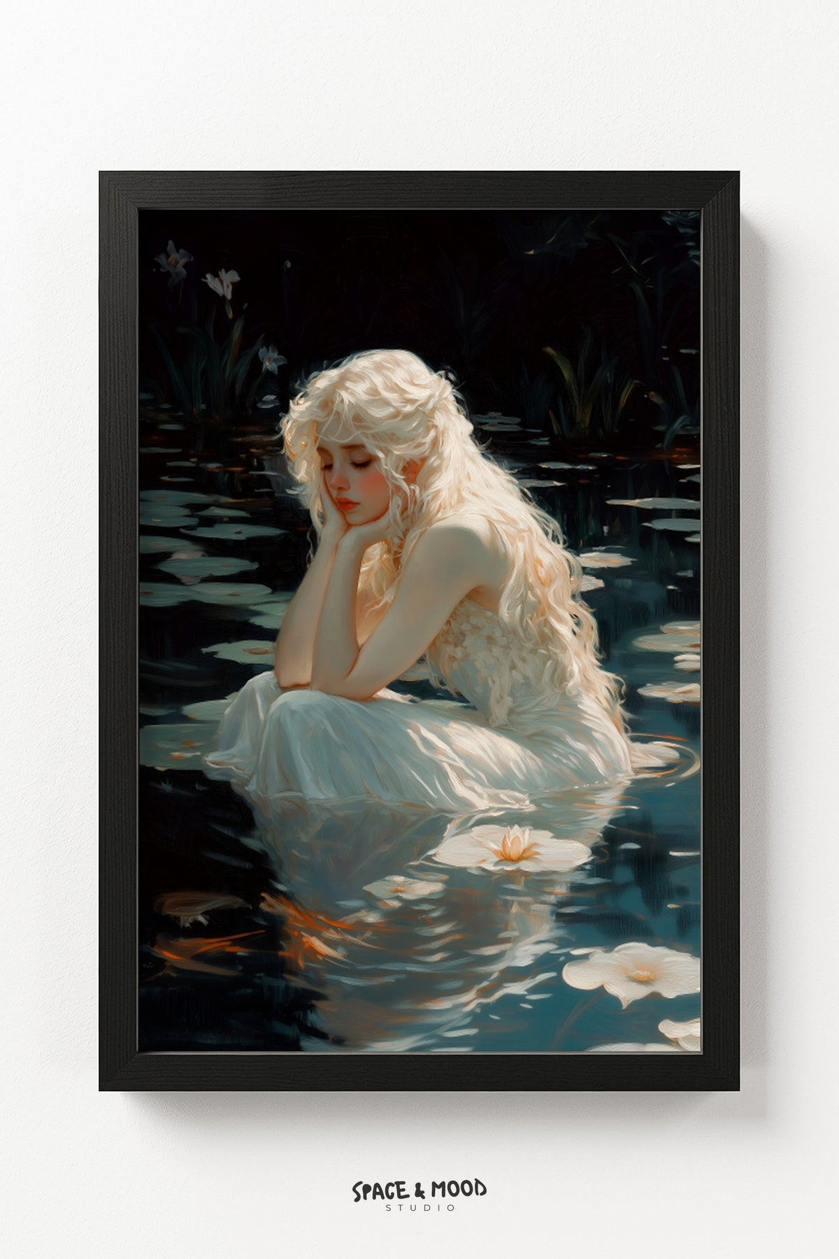 Blonde Woman Seated Among White Water Lilies