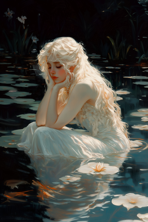Blonde Woman Seated Among White Water Lilies
