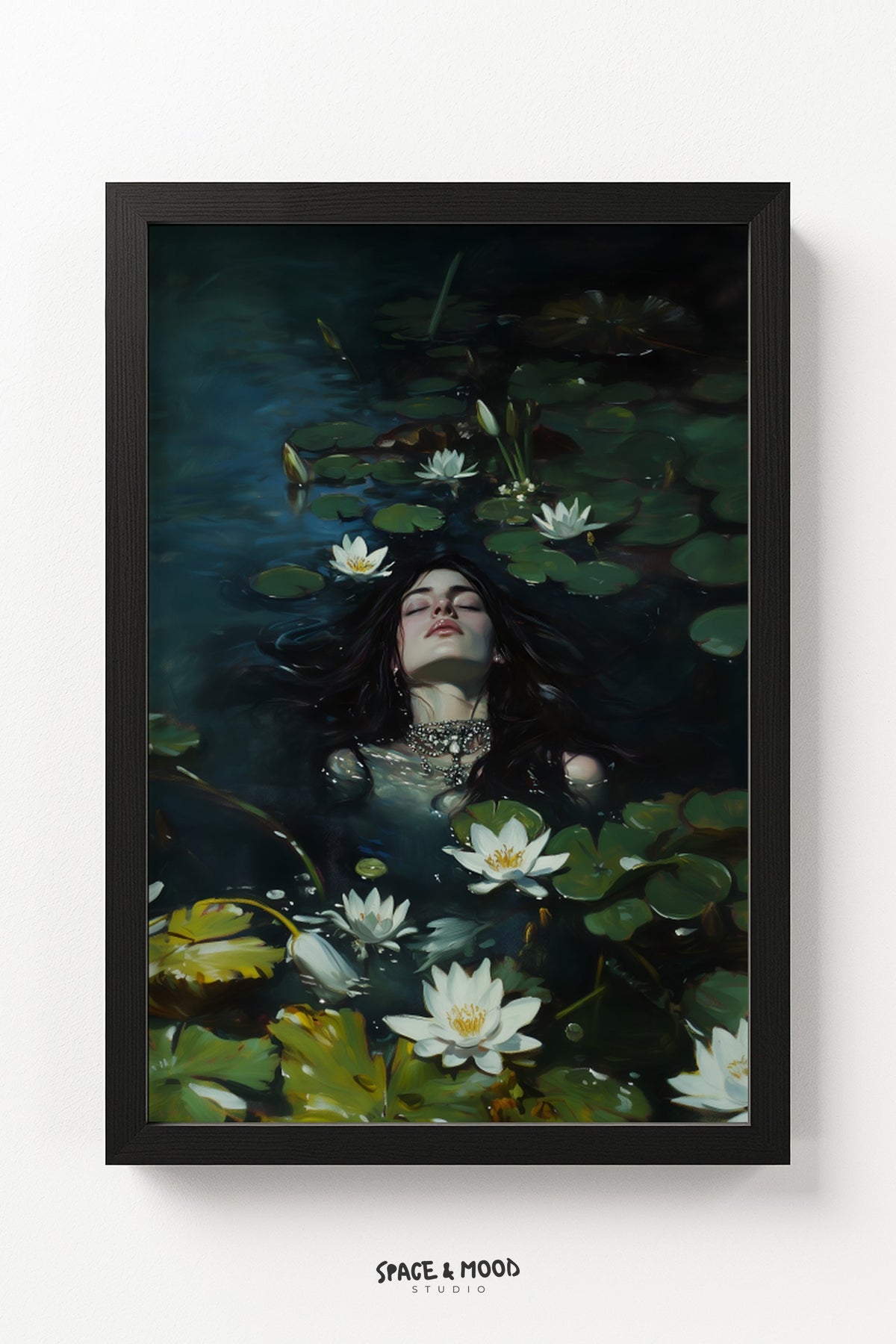 Woman Floating Beneath White Water Lilies