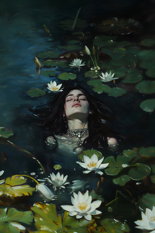 Woman Floating Beneath White Water Lilies