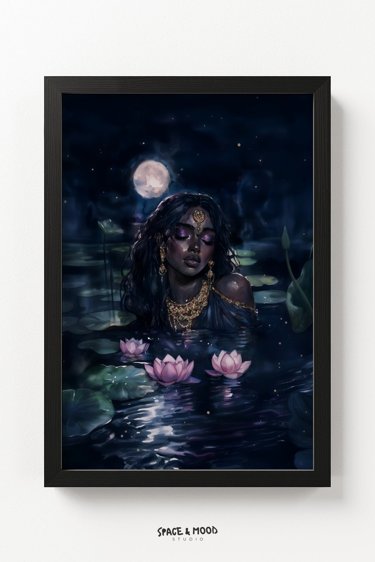 Jeweled Woman Among Moonlit Lotus Flowers