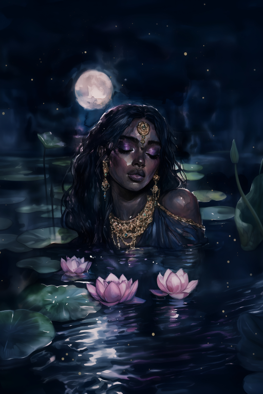 Jeweled Woman Among Moonlit Lotus Flowers