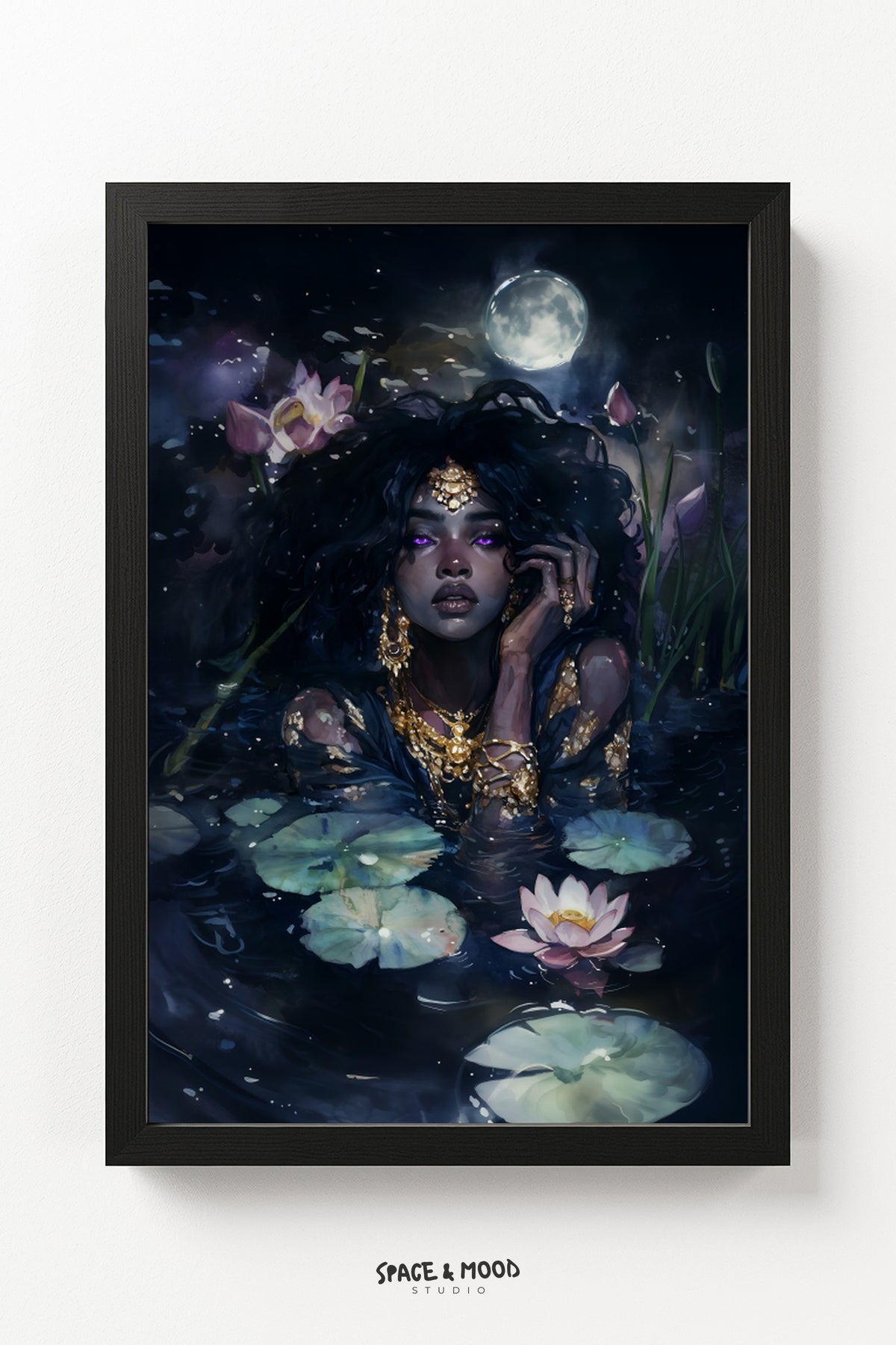 Woman with Gold Jewelry in a Moonlit Pond