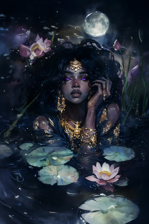 Woman with Gold Jewelry in a Moonlit Pond