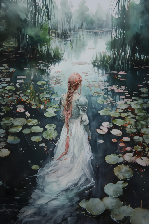 Braided Woman in a Misty Lily Pond