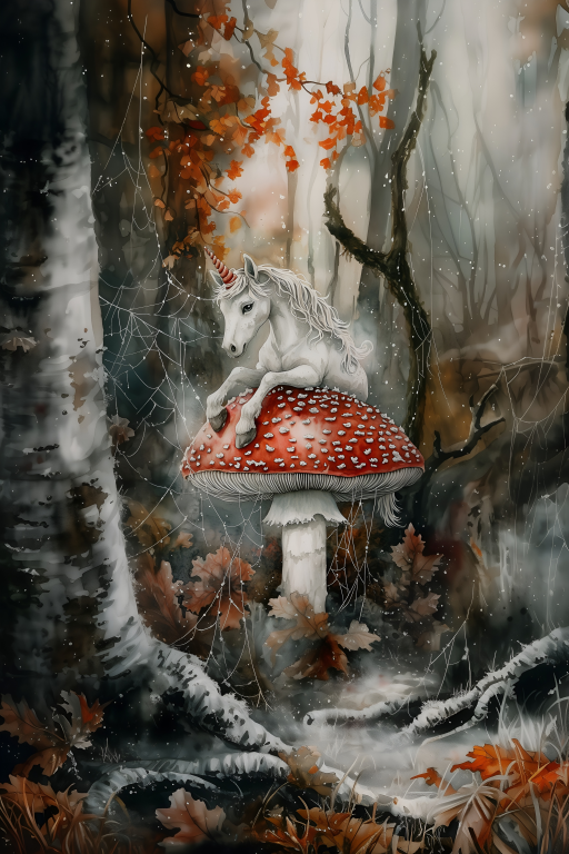 Tiny Unicorn on a Red Toadstool