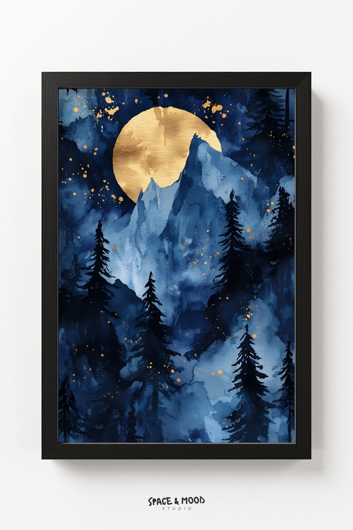 Golden Moon Behind Blue Mountain Peaks