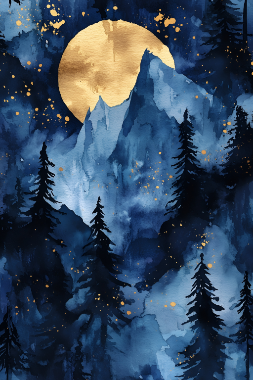 Golden Moon Behind Blue Mountain Peaks