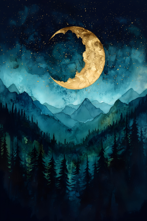 Golden Crescent Over Teal Mountains