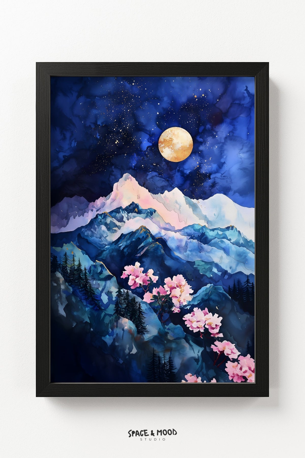 Moonlit Mountains with Pink Blossoms