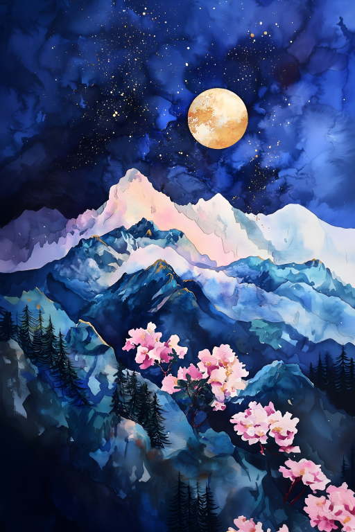 Moonlit Mountains with Pink Blossoms