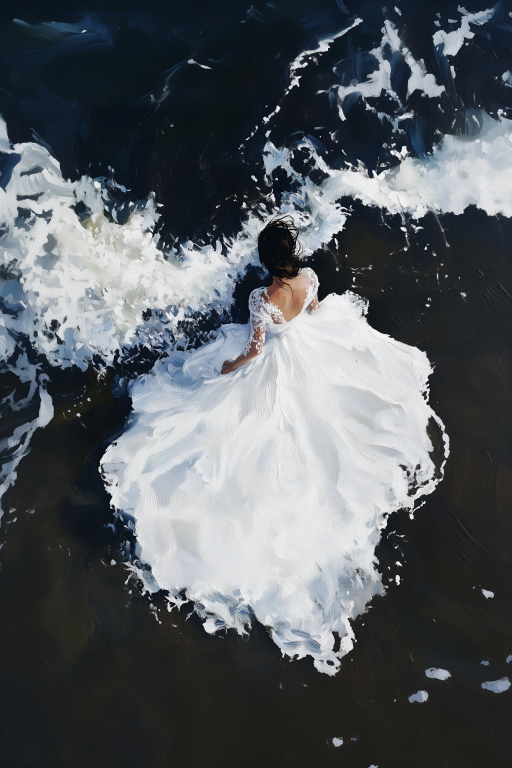 White Gown in Dark Ocean Waves