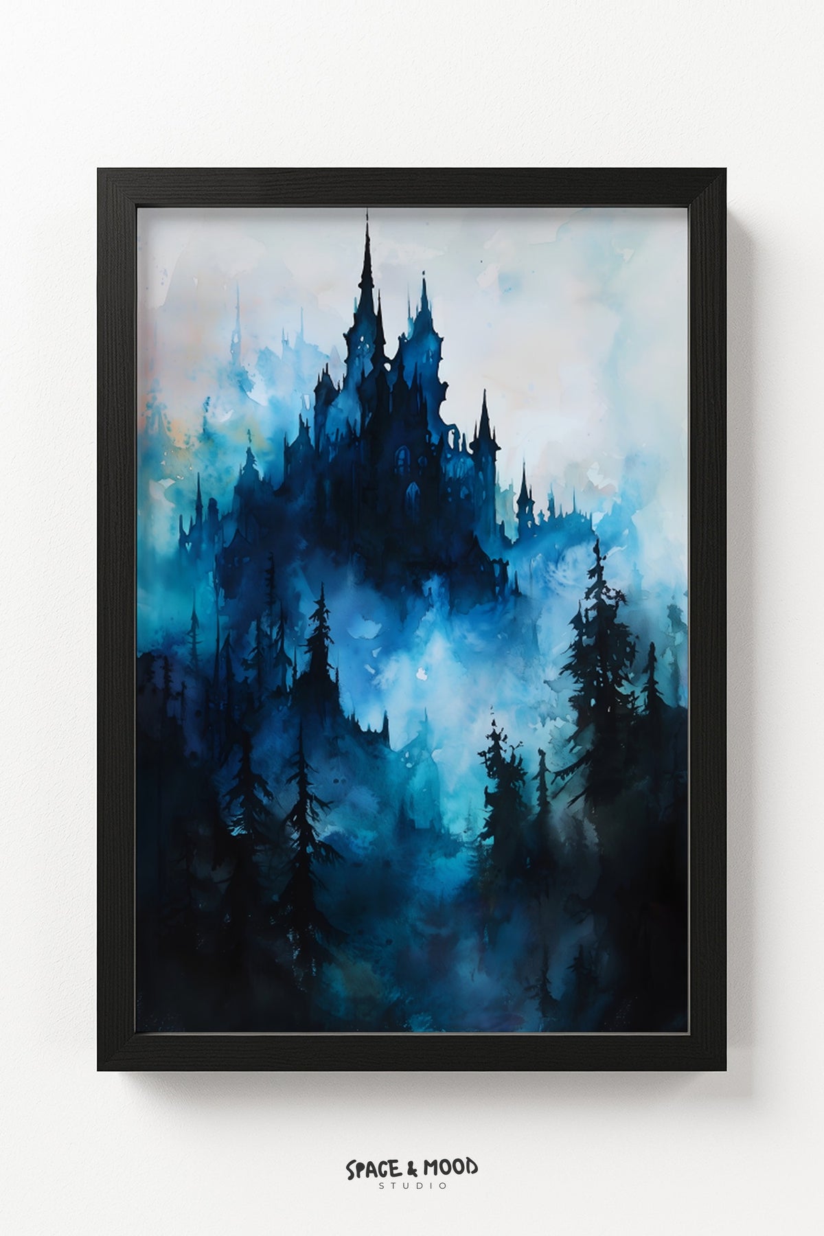 Blue Gothic Castle in Forest Mist
