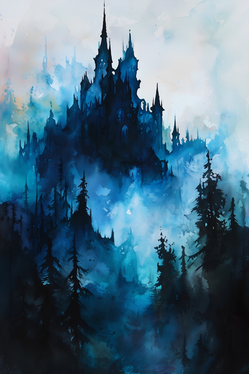 Blue Gothic Castle in Forest Mist